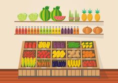 a fruit and vegetable market with shelves full of fresh fruits and vegetables stock photo, royalty