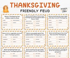 thanksgiving printables for kids with the words, thanks and friends in orange letters