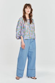 Baum und Pferdgarten Martha Blouse - Blue Flowerscape on Garmentory Conversion Table, Cropped Sleeves, Shop Tops, 2023 Collection, Classic Shoes, Kids Sleepwear, Favorite Dress, Blue Blouse, Knit Jersey