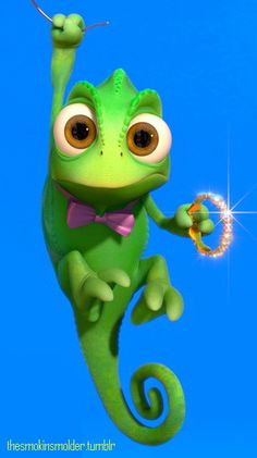 a green chamelon with big eyes and a bow tie holding a sparkle ring