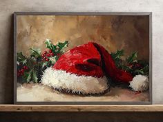 a painting of a santa hat on a shelf