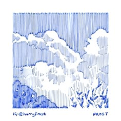 a blue and white drawing of clouds in the sky with rain coming from behind it