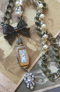 Repurpose Watches, Repurposed Watches, Hankie Crafts, Vintage Assemblage Necklace, Altered Art Jewelry, Jewelry Repurposed, Found Object Jewelry, Vintage Jewelry Ideas, Vintage Jewelry Repurposed