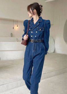 Elegant Dark Blue Puff Sleeve denim Jumpsuit SpringFabric: Cotton BlendedSize & Fit: Fit: This garment fits true to size.Length: Size S measures 51.48"from shoulder to hemBust: Great for any cup size. Waist: Loose Fit. Comfortable room throughout midsection.Hip: Loose Fit - room for hips. Hand Wash Cold. Jumpsuit Spring, Womens Denim Jumpsuit, Small Waist Workout, Kendall Jenner Street Style, Moda Denim, Jumpsuit Elegant, Spring Fabric, Spring Outfits Women, Long Sleeve Jumpsuit