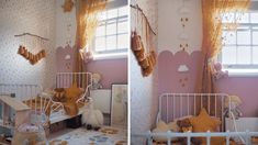 two pictures of a baby's room with teddy bears in the cribs