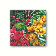 a painting of flowers and a bird on a white background with green leaves, red orchids, and yellow lilies