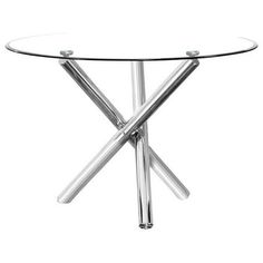 a round glass table with metal legs and an x design on the top, against a white background