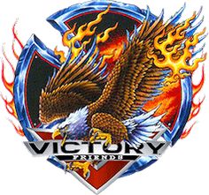 an eagle with flames on its wings and the word victory written below it in black