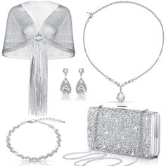 PRICES MAY VARY. Rhinestone Jewelry Sets: package includes 1 pcs rhinestone necklace, 1 pcs rhinestone purses for women, 1 pcs rhinestone bracelet, 1 pair of crystal dangle earrings, 1 pcs of formal shawl for evening dresses, totally 5 pcs; Which can satisfy your decorative needs at weddings, parties, evening nights Metallic Evening Shawl Silver Jewelry Set: the rhinestone necklace, silver clutch purses, evening bracelets, rhinestone earrings are embellished with glitter rhinestones, the shawl c Shawls And Wraps Formal, Formal Clutch Purse, Women Evening Dresses, Formal Shawl, Silver Clutch Purse, Rhinestone Purse, Formal Clutch, Glitter Purse, Prom Necklaces