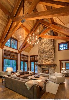 a living room filled with furniture and a fire place in the middle of a room