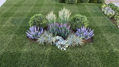 a garden with purple and white flowers in the middle of it, surrounded by green grass