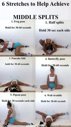 the instructions for how to stretch out and do splits in front of a white wall