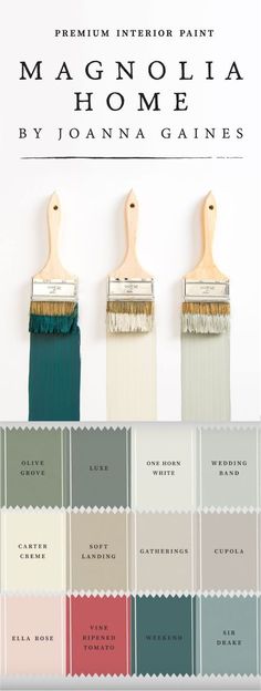 three paint colors with the words magnolia home painted on them