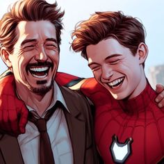 two men are smiling and one is wearing a spider - man suit with his arms around the other