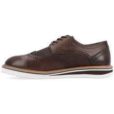 A dress shoe that combines high-style with all-day comfort, the Warrick by Vance Co. A wingtip accent and a contrasting textured design enhanced with brogue details tops this lace-up derby. Smooth vegan leather, a lightweight EVA outsole, and a 4 mm memory foam footbed provide superior support. Casual Oxfords For Semi-formal Spring Occasions, Casual Semi-formal Oxfords For Spring, Casual Lace-up Oxfords For Semi-formal Events, Casual Lace-up Oxfords For Semi-formal Occasions, Semi-formal Leather Derby Shoes With Textured Sole, Brown Leather-lined Derby Shoes For Business, Semi-formal Wingtip Leather Derby Shoes, Semi-formal Brown Wingtip Derby Shoes, Brown Leather-lined Monk Strap Shoes For Derby