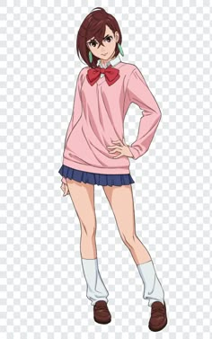 an anime character wearing short shorts and a pink shirt with a bow tie, standing in front of a white background