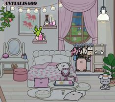 a cartoon bedroom with a teddy bear sitting on the bed in it's corner