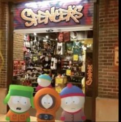 three cartoon characters are standing in front of a store