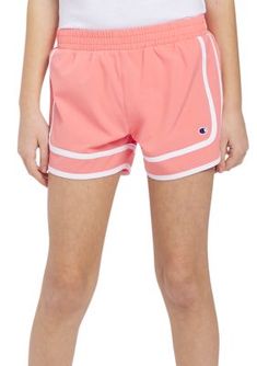 Detailed with contrasting piping and an attached inside liner, these shorts from Champion are perfect for playtime. | Champion Girls 7-16 3" Varsity Shorts, Coral, Medium Sporty School Bottoms With Built-in Shorts, Sporty Short School Bottoms, Sporty Short Bottoms For School, Sporty Shorts With Contrast Trim For Spring, Sports Shorts With Contrast Trim And Stretch, Stretch Sports Shorts With Contrast Trim, Moisture-wicking Shorts For Summer Play, School Stretch Shorts, Sporty School Shorts With Elastic Waistband