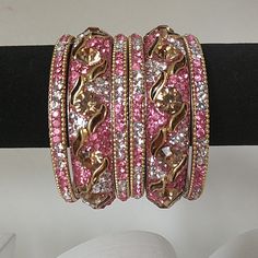 Brand New Fresh From Hyderabad India! 6pc Set (3 Bangles On Each Hand) 3pc Set For $45 (Just Let Me Know If You Only Want 3pcs) Shines Beautifully And More Under Lights Hardware In Silvertone Made Of Rhinestones, Stones, Glassbeads, Beads, Some Glitter Color: Pink, Gold, Light Brown, White My Wrist's Circumference In The Picture Is 6" Bangles Measures 2.25" In Diameter Comes With Its Original Box Stone Bangles, Tunnel Vision, Crystal Belt, Stone Bangle, Chic Leather, Gold Light, Bangles Jewelry, Hyderabad, Pink Gold