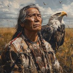 an oil painting of a native american man in a field with birds flying above him