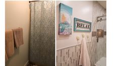 there are two pictures in this bathroom one has a shower and the other has towels