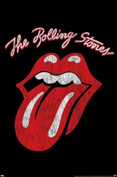 the rolling stones'logo on a black shirt with red and white lipstick painted on it