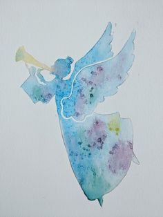 a watercolor painting of an angel with a trumpet in its hand, on a white background