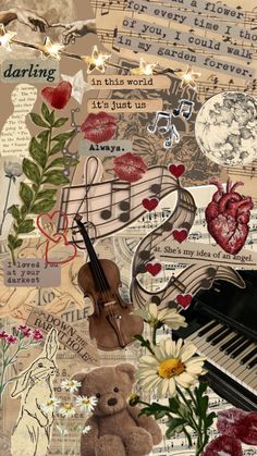 a collage of musical instruments, flowers, and hearts with words written on them