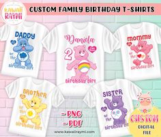 custom family birthday tshirts with teddy bears and rainbows on the front, in white or pink