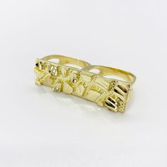 10k Solid Gold Nugget Classic Simple Two Double Finger Ring for Men Women * Metal: Real 10K Yellow Gold * Condition: Brand New * Finish: Polished * Length : 43.4mm * Width : 12.5mm * Weight : 7.6 gram This is an approximate size & weight. Please expect up to ±10% difference. * Processing time : 1~3 business days * Ships from California This is 100% Authentic 10k Gold. Not plated or filled. All of our items are brand new and are shipped with a gift box. Double Finger Ring, Engraved Wedding Rings, Gold Nugget, Ring Finger, Types Of Rings, Copper Color, Keep Jewelry, Everyday Jewelry, Engraved Rings