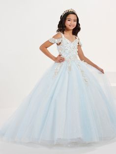 Your sweet girl will look unforgettable in this 3D floral applique long cold shoulder dress with A-line tulle skirt by Tiffany Princess 13696. This off the shoulder gown features a V-neckline with 3D floral appliques, A-line skirt with layers of sparkle tulle, sweep train, and a lace-up back. House of Wu Tiffany Princess Collection Spring 2023 Style Number: 13696 Fabric: Sparkle Tulle/3D Floral Appliques/Beaded Embellishments Please note: There may be a loss of glitter while wearing this dress d Off-shoulder Ball Gown For Prom Pageant, Off-shoulder Dresses For Prom Season Pageants, Off-shoulder Tulle Dress For Quinceanera, Back House, Cold Shoulder Gown, Girls Formal Dresses, Princess Collection, Floral Applique, Sweet Girls