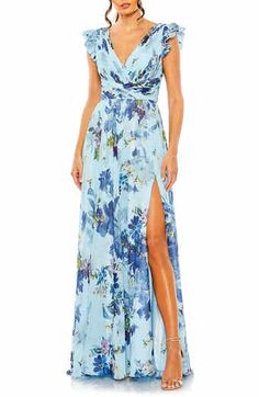 Adrianna Papell Off the Shoulder Chiffon Gown | Nordstrom Sleeve Gown, Floral Chiffon Dress, Chiffon Floral, Chiffon Gown, Mac Duggal, Gowns With Sleeves, A Line Gown, Floral Chiffon, Chiffon Fabric