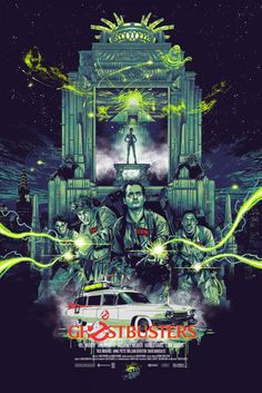 the ghostbusters movie poster with an image of a man standing on top of a car