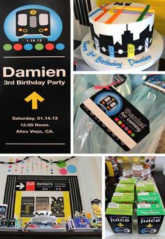 a collage of photos showing different types of birthday cakes and other things on display