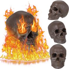 three skulls with flames in the background and one skull on fire behind them, all facing different directions