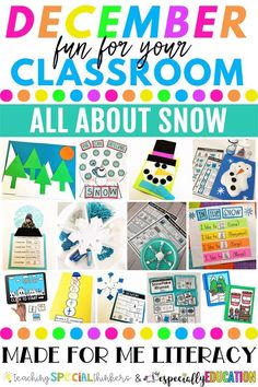 a collage of pictures with the words december fun for your classroom all about snow