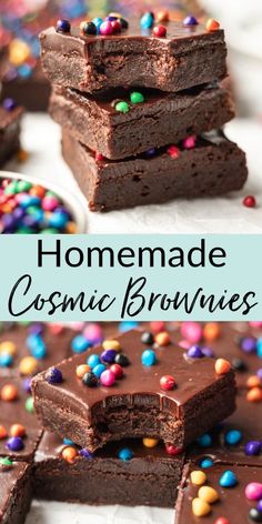 homemade brownies with chocolate frosting and sprinkles are stacked on top of each other