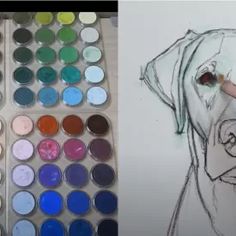 a drawing of a dog's face next to an artist's palette