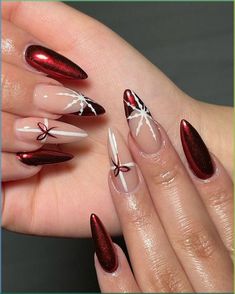 Gel X New Years Nails, 2024 Xmas Nails, Christmas X New Year Nails, French Tip For Christmas, Christmas Nail Almond Ideas, Dark Red Chrome Christmas Nails, Christmas Nail Inspo Almond Shape, Christmas/new Years Nail Ideas