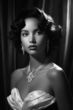 a black and white photo of a woman in a dress with jewelry on her neck