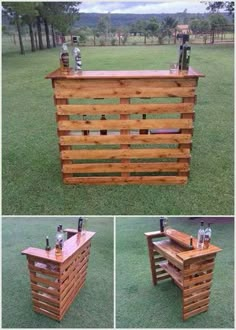 a wooden bar made out of pallets with bottles on top