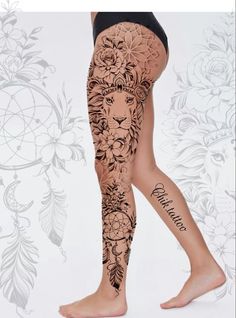 a woman with tattoos on her legs and leggings is shown in front of a floral