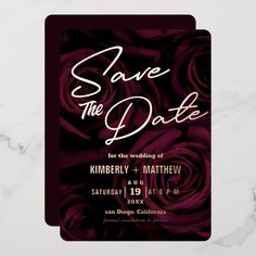 save the date card with purple roses on it