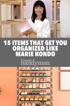 a woman standing in front of a rack with shoes on it and the words 15 items that get you organized like marie kondo