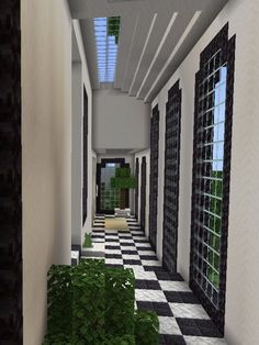 a long hallway with black and white checkered flooring next to two large windows