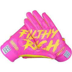 pink and yellow gloves with graffiti written on the palm, in front of a white background