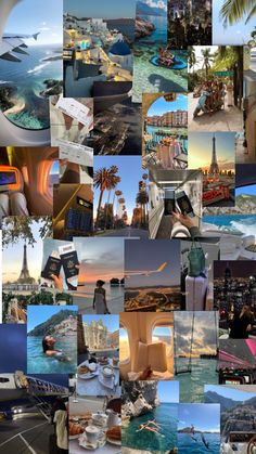 a collage of photos with the theme of travel and vacation in different colors, sizes and shapes