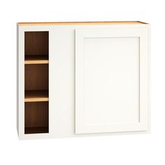 a white cabinet with wooden shelves and doors