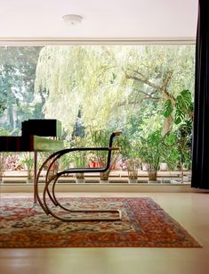 a chair sitting on top of a rug in front of a large window filled with plants